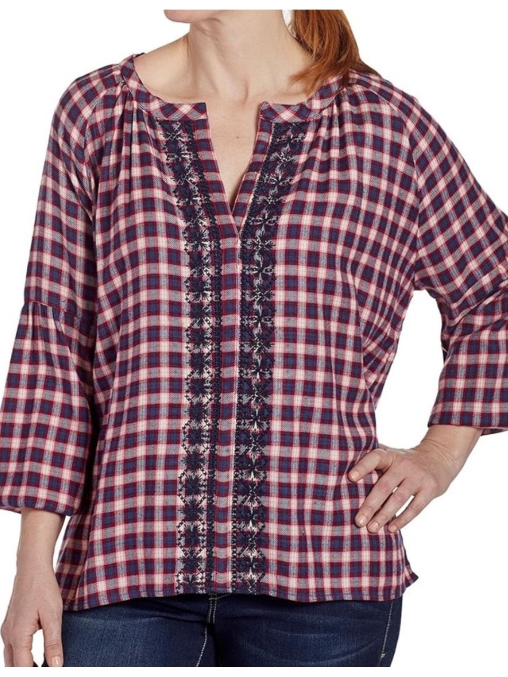 JAG Plaid Embroidered Blouse M Red Blue